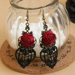 Bella Vampire Black Lace Rose Goth Earrings Filigree Lace Red Satin Rose